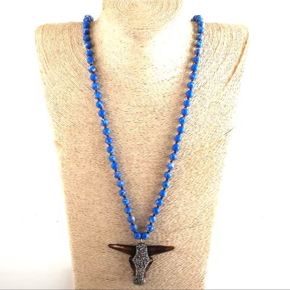 Lapis Lazuli Bull Skull Long Knitted Necklace FINE CRAFTMANSHIP - Picture 2 of 3